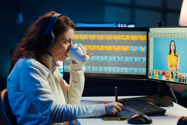 Photographer using editing software to edit photos